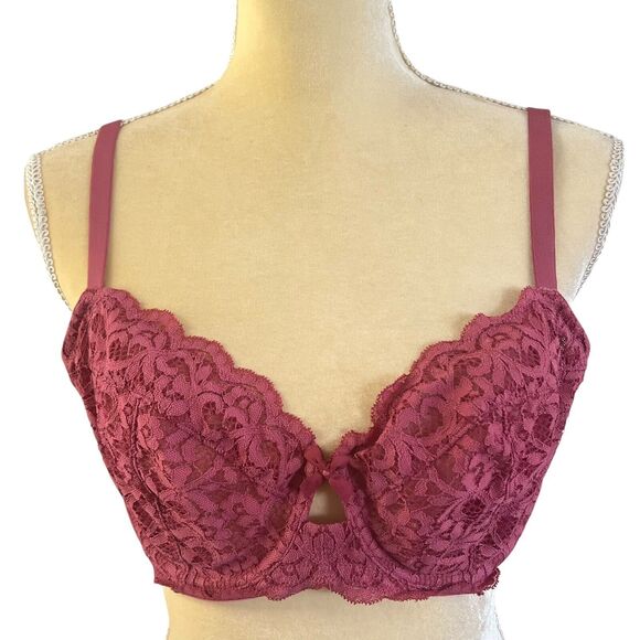 Victoria's Secret Unlined Demi Bra Floral Lace Raspberry Pink Size 38D - Picture 1 of 14